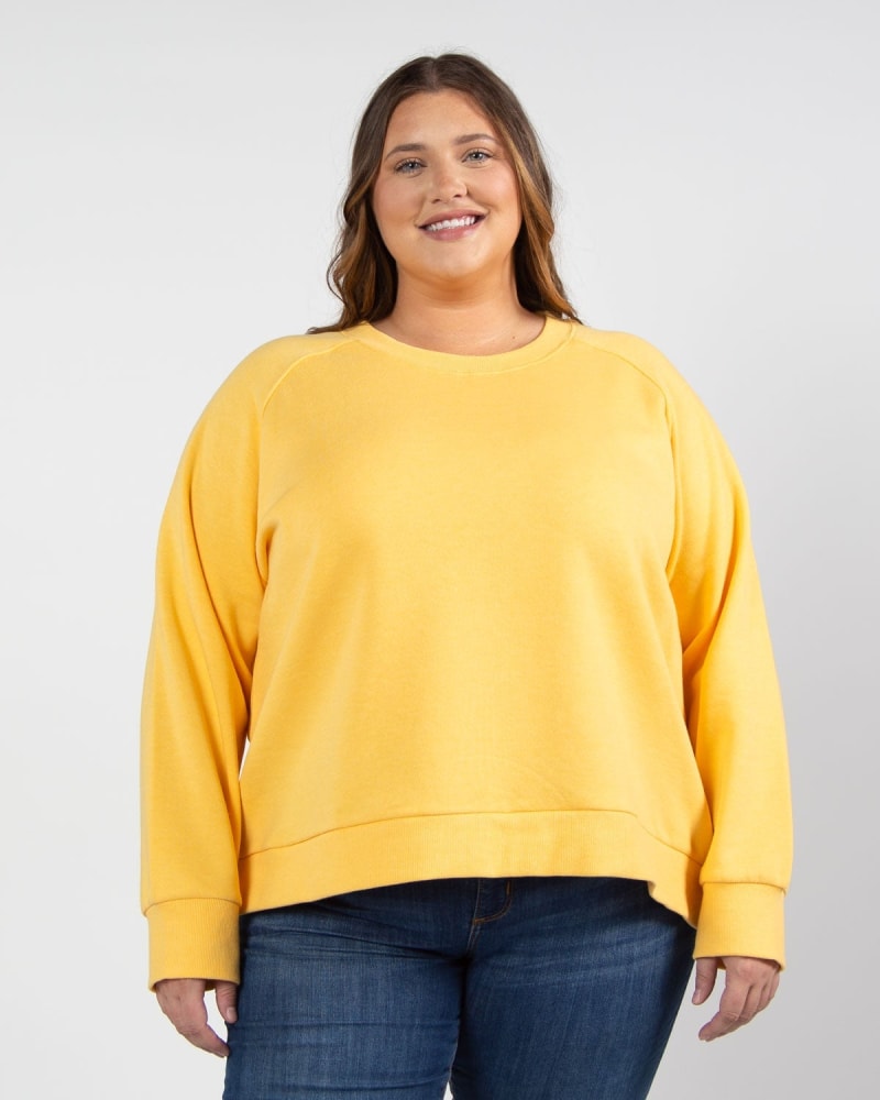 Front of a model wearing a size 3X Boxy Raglan Pullover in Gold by chicka-d. | dia_product_style_image_id:289536